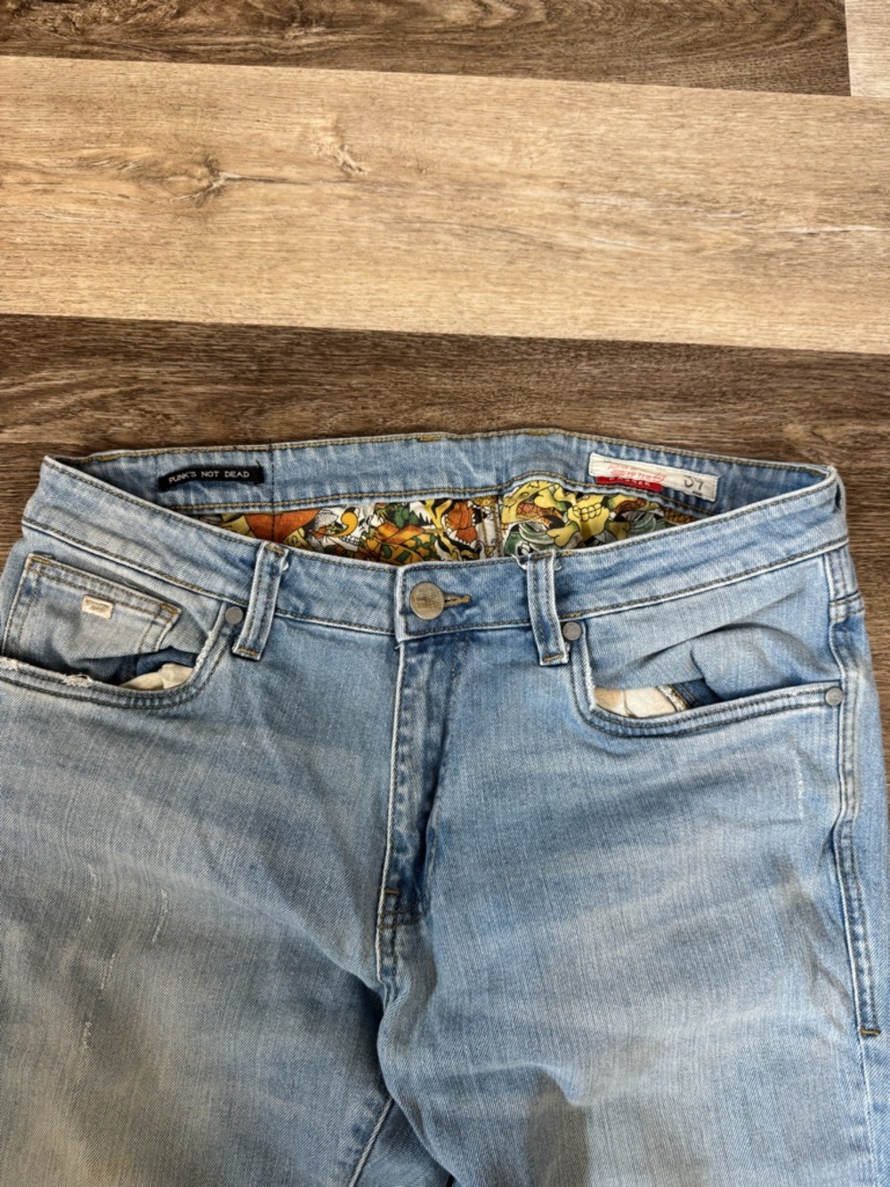 Y2K Ed Hardy Men’s Light Blue Skinny Jeans with Printed Waistband